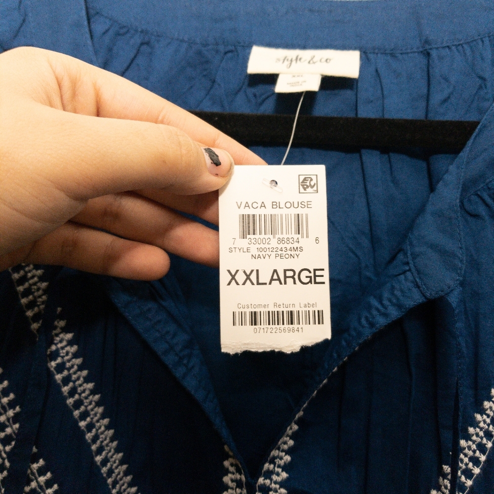 Style and Co. Royal blue embroidered peasant style blouse with tassels. NWT - Picture 5 of 5